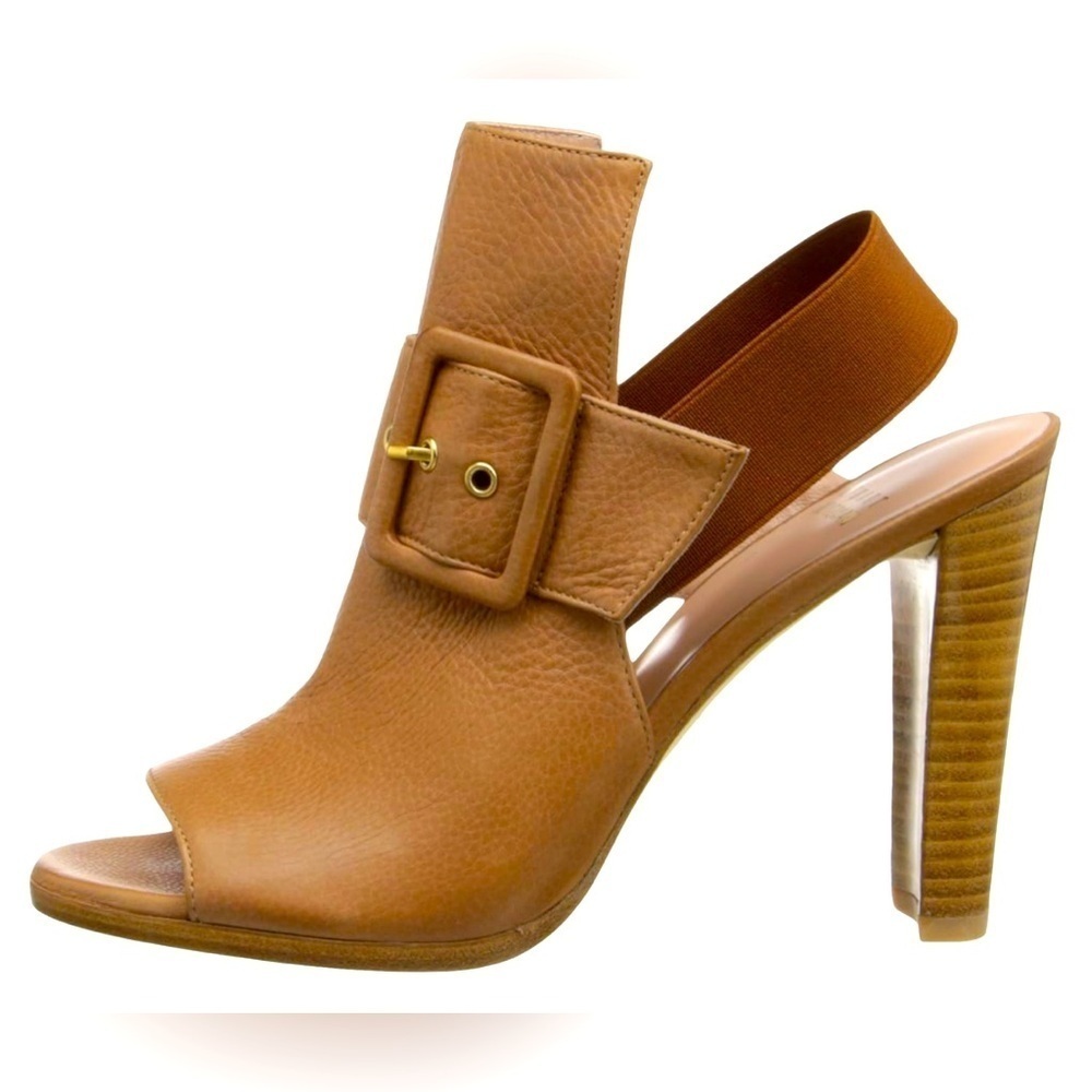 Stuart Weitzman Sunbelt Buckled Tan Slingback Peep Toe Heel Size 8.5